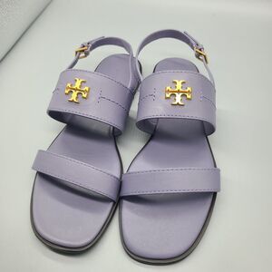 TORY BURCH EVERLY DOUBLE STRAP LEATHER FLAT SANDALS DARK LOTUS  SZ 10.5 New